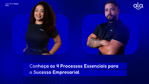 Dois profissionais da Scala com expressão confiante sobre fundo azul, ao lado da chamada "Conheça os 4 Processos Essenciais para o Sucesso Empresarial", em destaque para o tema BPO financeiro.