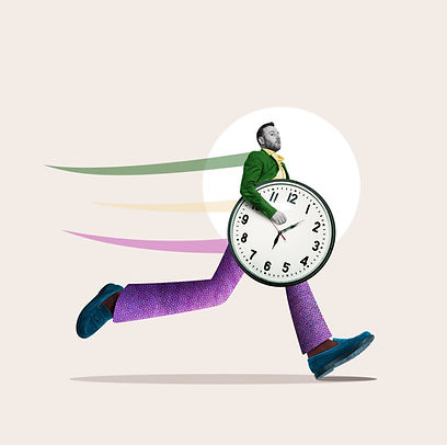 Art collage. Running businessman with clock in hands. Time management concept..jpg