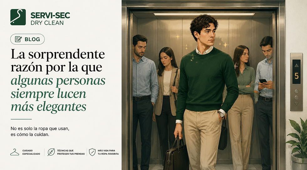 Ilustración de un joven entrando a un ascensor con ropa impecable mientras destaca entre otras personas. Imagen editorial de Servi-Sec sobre cómo una lavanderia profesional ayuda a mantener una apariencia elegante y cuidada. 