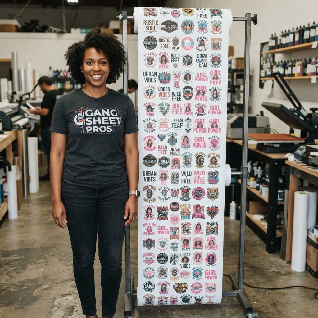 CREATE A DTF GANG SHEET WITH A MAN STANDING NEXT TO IT, TO GIVE PEOPLE AN IDEA HOW TALL A