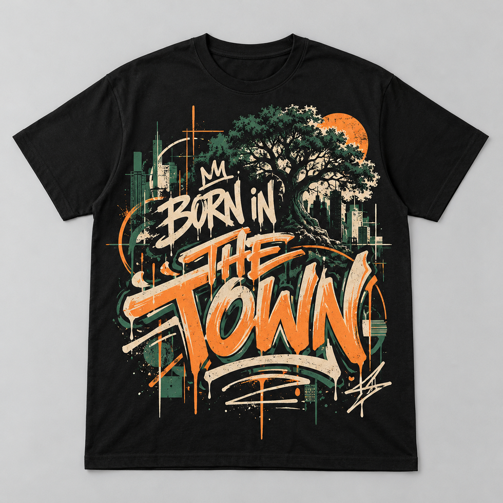 Born in the Town T-Shirt black shirt front design