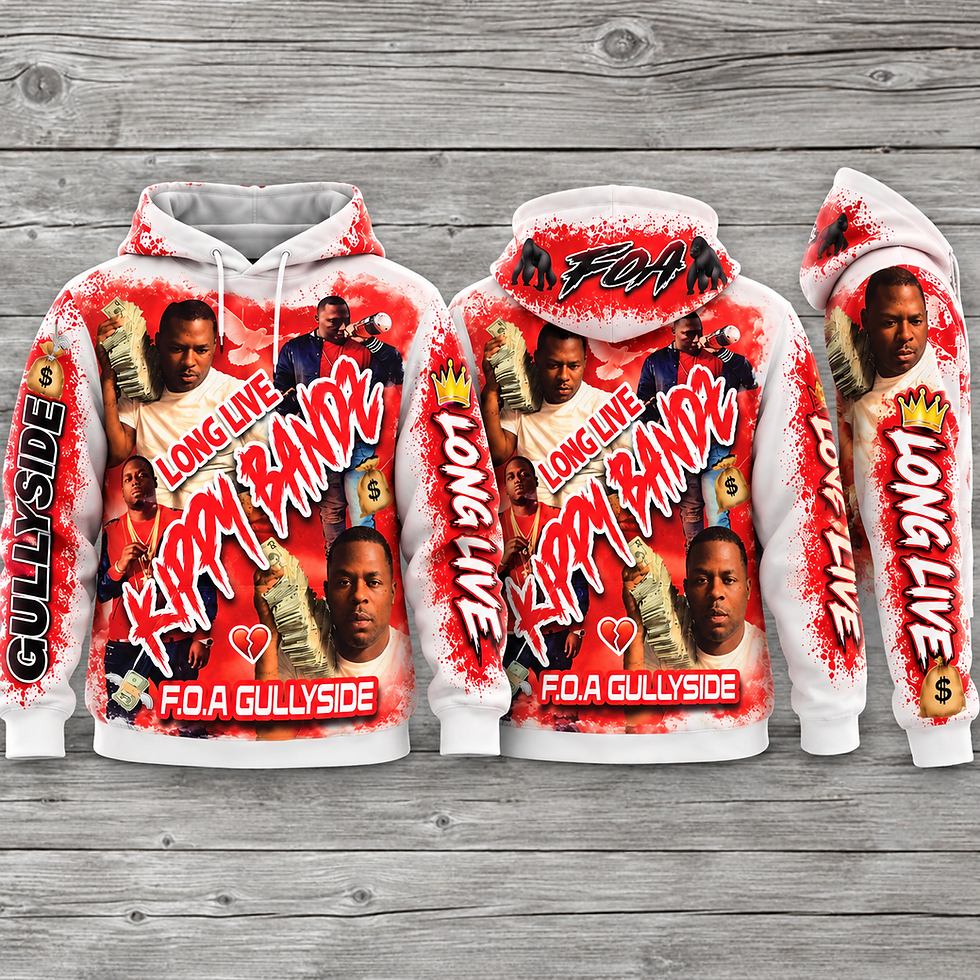 Custom 3D Designed hoody - Front, Back, Sleeves and Hood print on a clean gray wood background