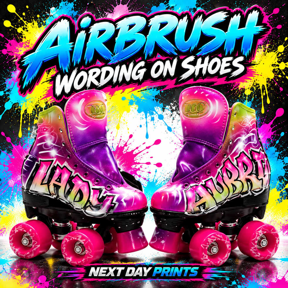 Airbrush wording on shoes — Next Day Prints colorful product showcase