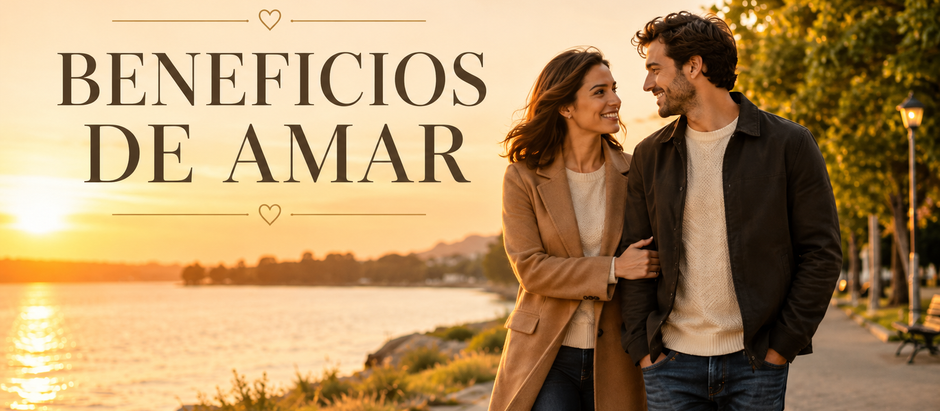 Pareja caminando al atardecer junto al agua en una portada sobre los beneficios de amar.