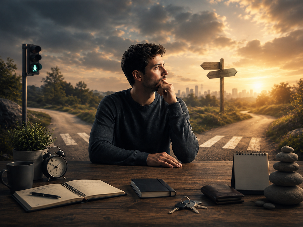 Hombre reflexionando ante una encrucijada sobre decisiones cotidianas, sentido común y pensamiento responsable.