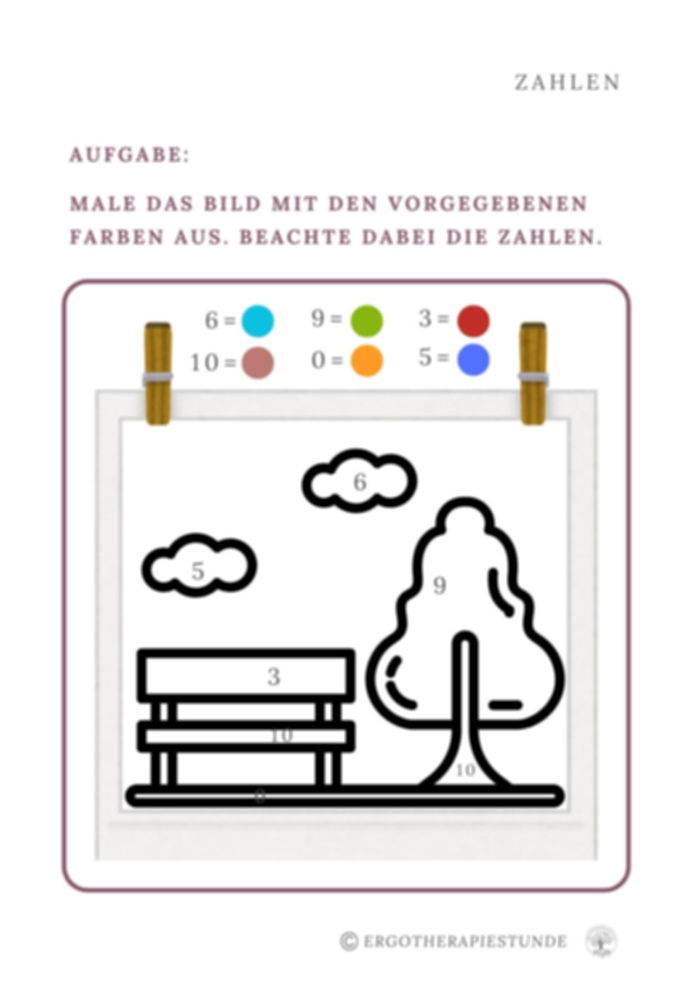 Miniaturbild: Ausmalbild Bank und Baum mit Zahlen