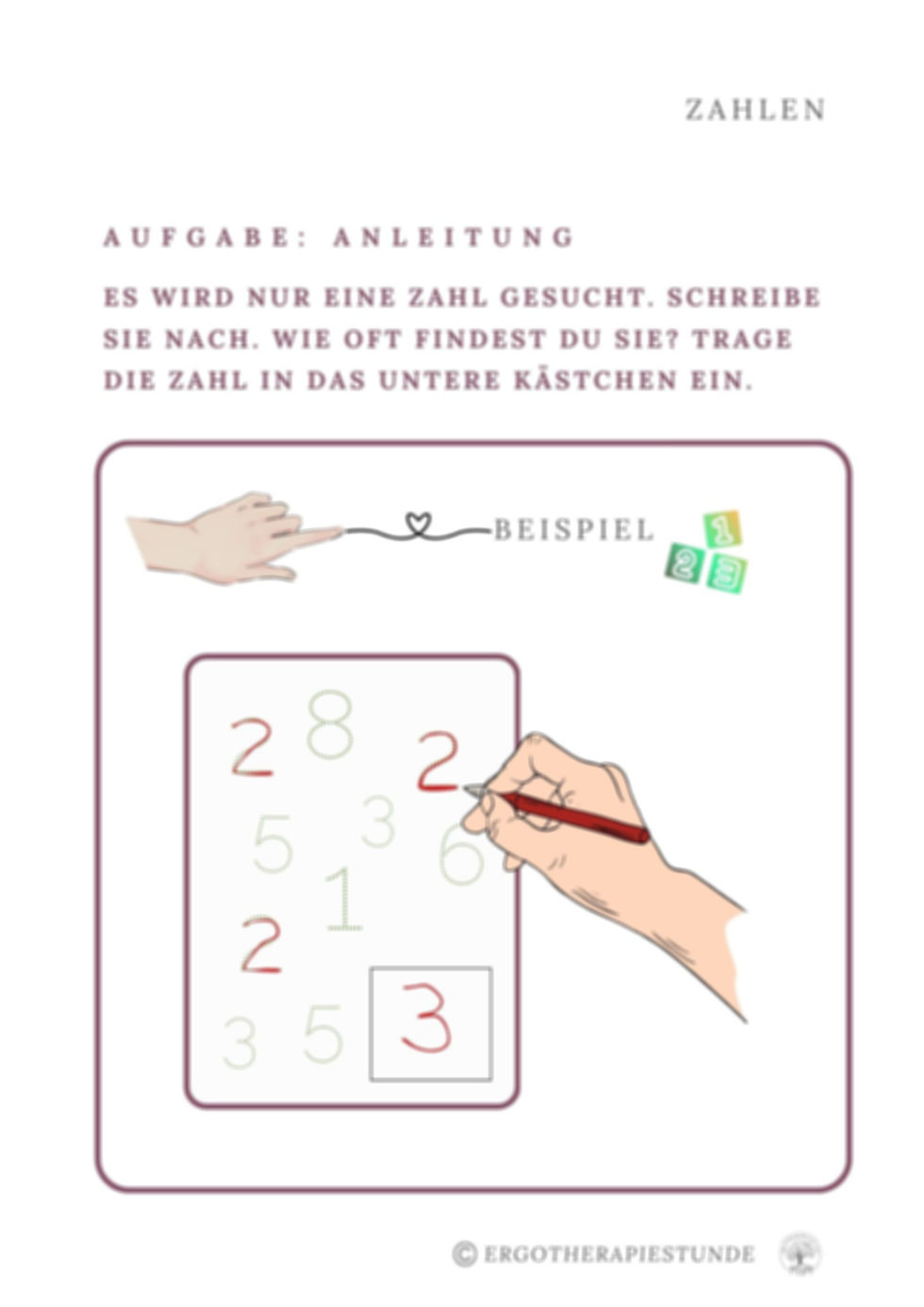 Aufgabenbeschreibung, verschiedene Zahlen, markiert, nachspuren