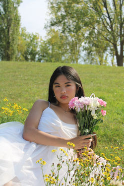 Bea with a bouquet