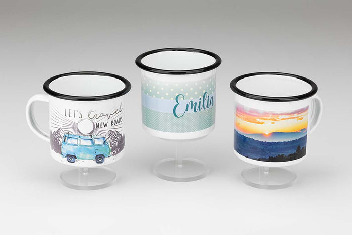 3 Emaille Tassen mit verschiedenen Motiven. Druck von eignen Foto auf eine Emaille Tasse