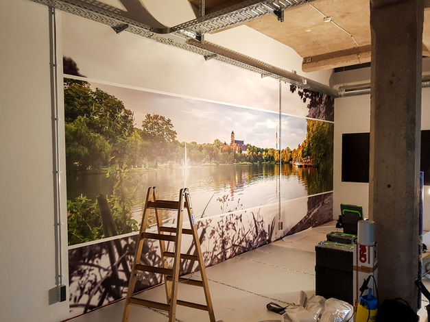Großes Wandbild eines Sees mit Bäumen, Gebäude und Leiter im Raum.