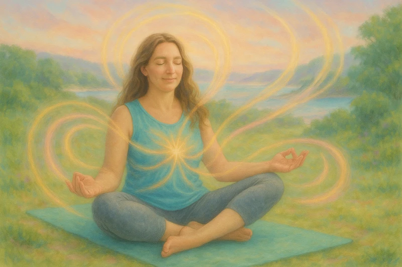 Woman in introspective seated yoga pose.