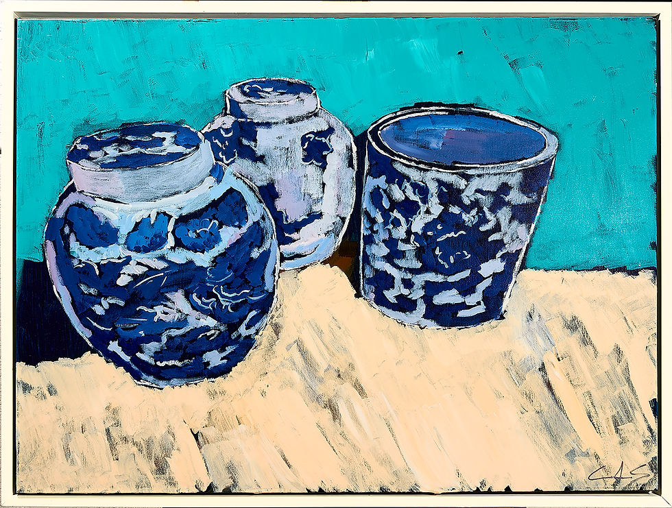 Ginger Jars 5, 30x40 acrylic and resin on canvas, Campbell Avery Smith