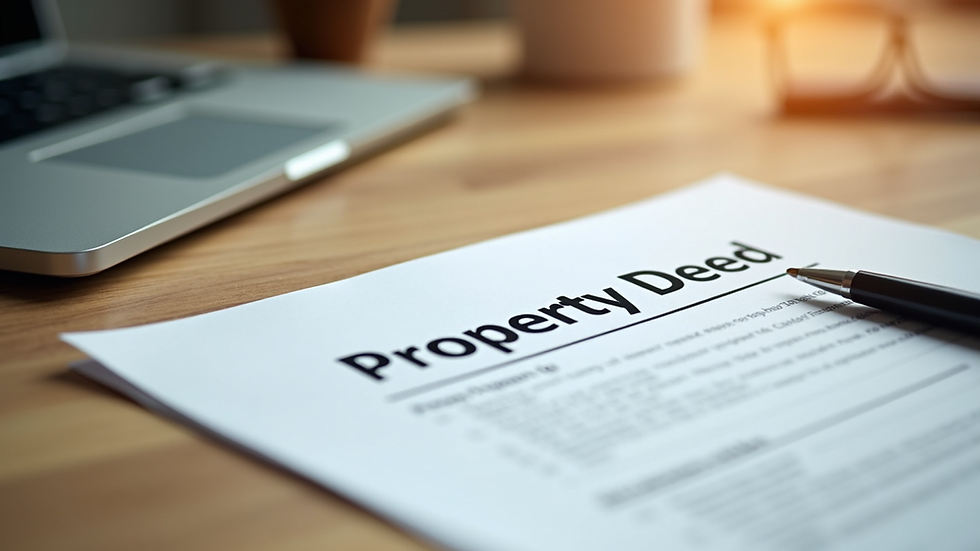 Close-up view of a property deed document on a wooden table