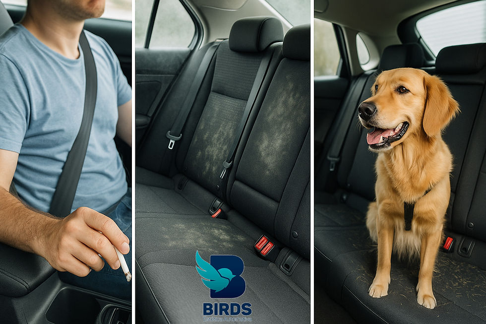 Imagem dividida em três partes mostrando os principais causadores de mau cheiro em carros: à esquerda, um homem fumando dentro do veículo; ao centro, bancos com manchas de mofo; à direita, um cachorro sentado no banco traseiro com pelos espalhados — ilustrando os odores de cigarro, mofo e cachorro no interior automotivo.