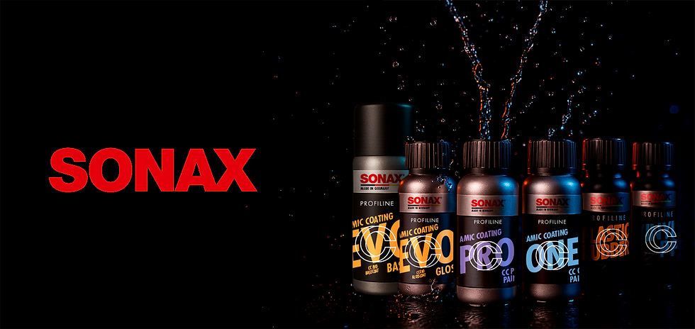 Coatings cerâmicos, dito como vitrificador, SONAX CC One, CC Pro e CC Evo lado a lado, embalagens originais, linha premium para proteção de pintura automotiva com alta durabilidade e tecnologia