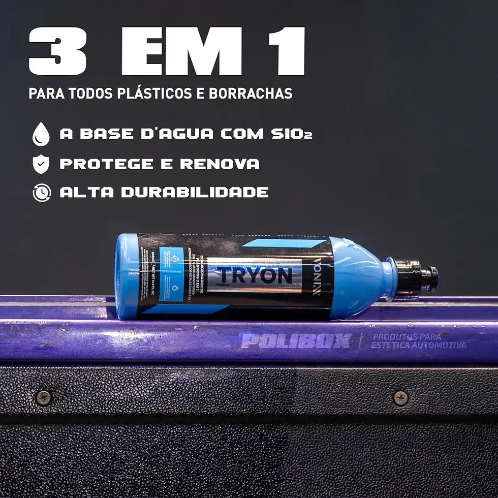 Frasco azul TRYON sobre barra roxa, com texto 3 em 1 para plásticos e borrachas, fundo escuro e visual promocional.