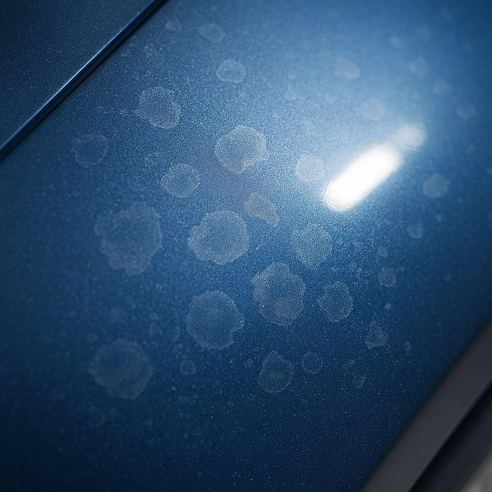 Close-up de superfície azul metálica com marcas de chuva ácida e reflexo de luz branca, sem pessoas nem texto.