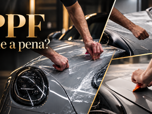 PPF vale a pena? Mãos aplicam película protetora em carro cinza, em montagem dividida, com logo Birds Car Detail.