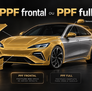 Infográfico de carro com PPF dourado e cinza, mostrando peças destacadas e textos PPF frontal ou PPF full, em fundo preto.