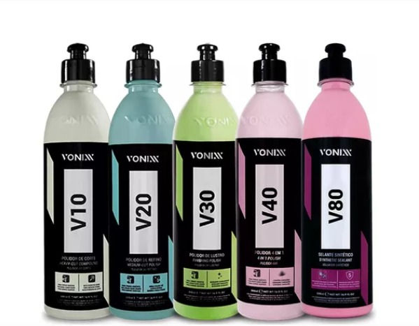 Produtos Vonixx V10, V20, V30 e V40 alinhados, linha completa de polidores para corte, refino, lustro e proteção, desenvolvidos para performance em polimento automotivo profissional.