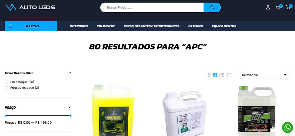 Página da loja virtual AutoLeds exibindo diversos produtos APC para limpeza automotiva, com destaque para marcas como SONAX, Cadillac, Vonixx e DUB BOYZ.