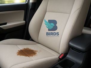 Banco de carro de cor clara com grande mancha de café, destacando o tecido sujo e necessidade de limpeza profissional.
