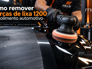 Homem com politriz remove marcas de lixa 1200 no capô de carro preto, mostrando antes e depois em oficina automotiva.
