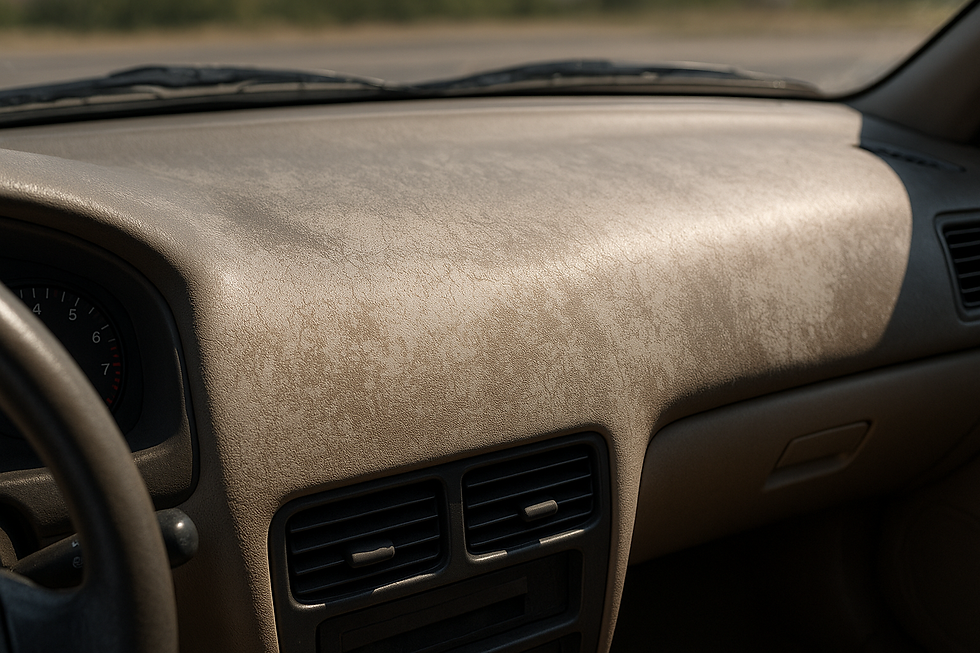 Painel de carro com plástico fortemente desbotado e esbranquiçado pelo sol, com manchas irregulares e aspecto ressecado, iluminado pela luz natural através do para-brisa.