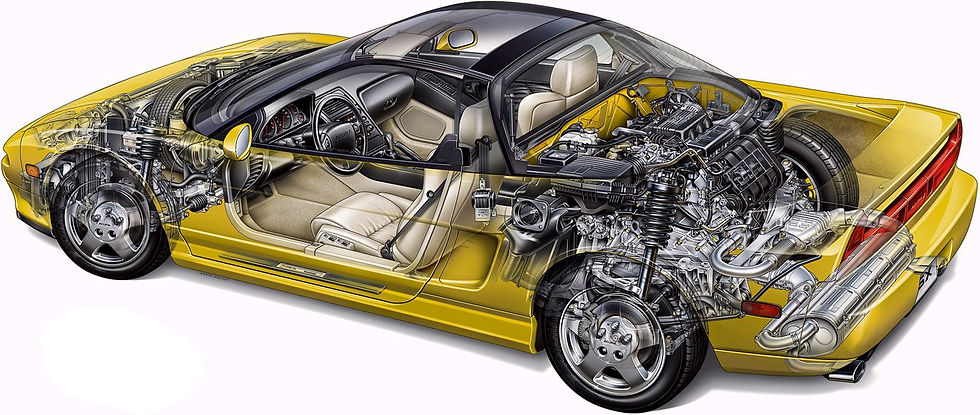 Carro esportivo NSX amarelo em corte, com interior e motor expostos sob carroceria transparente em fundo branco.