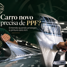 Dois técnicos aplicam PPF em carro novo numa oficina escura; texto: Carro novo precisa de PPF? Entenda quando proteger a pintura zero km