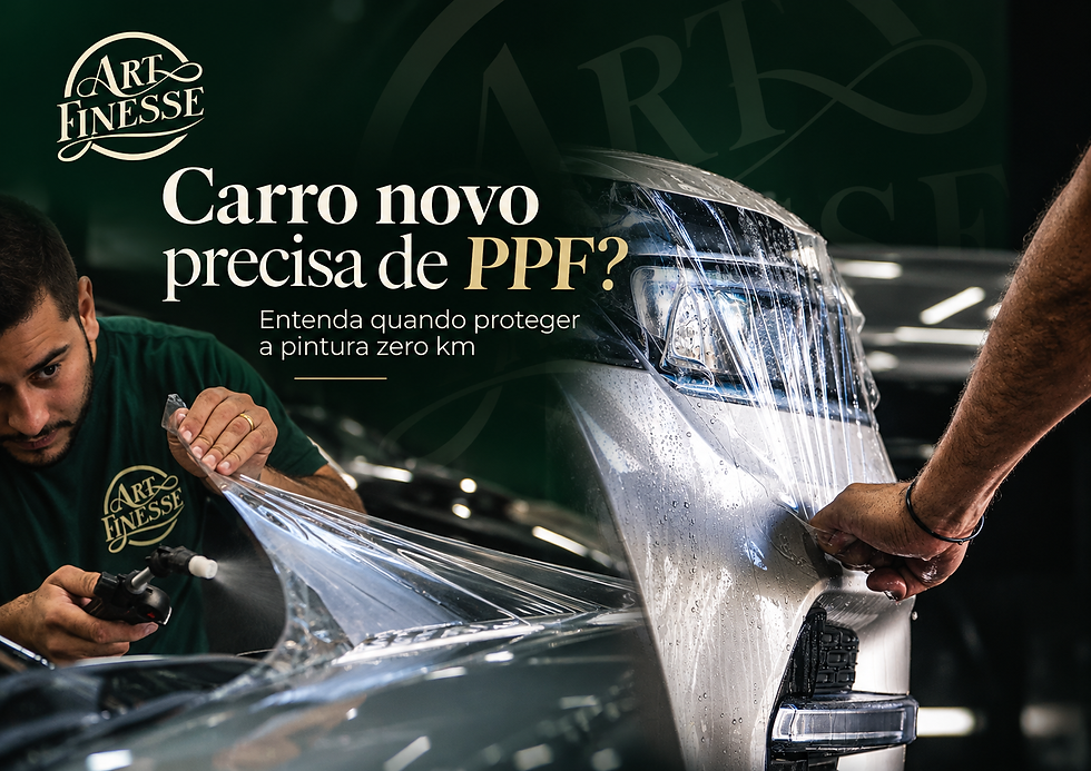 Dois técnicos aplicam PPF em carro novo numa oficina escura; texto: Carro novo precisa de PPF? Entenda quando proteger a pintura zero km