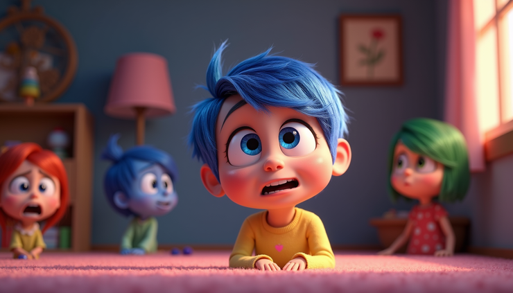Eye-level view of colorful animated characters representing emotions inside a young girl's mind