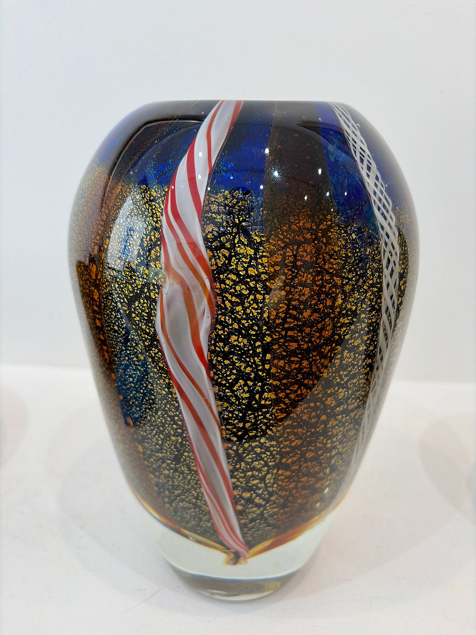 Miniature : Paire de vases verre soufflé style Murano inclusions dorées bleu rouge