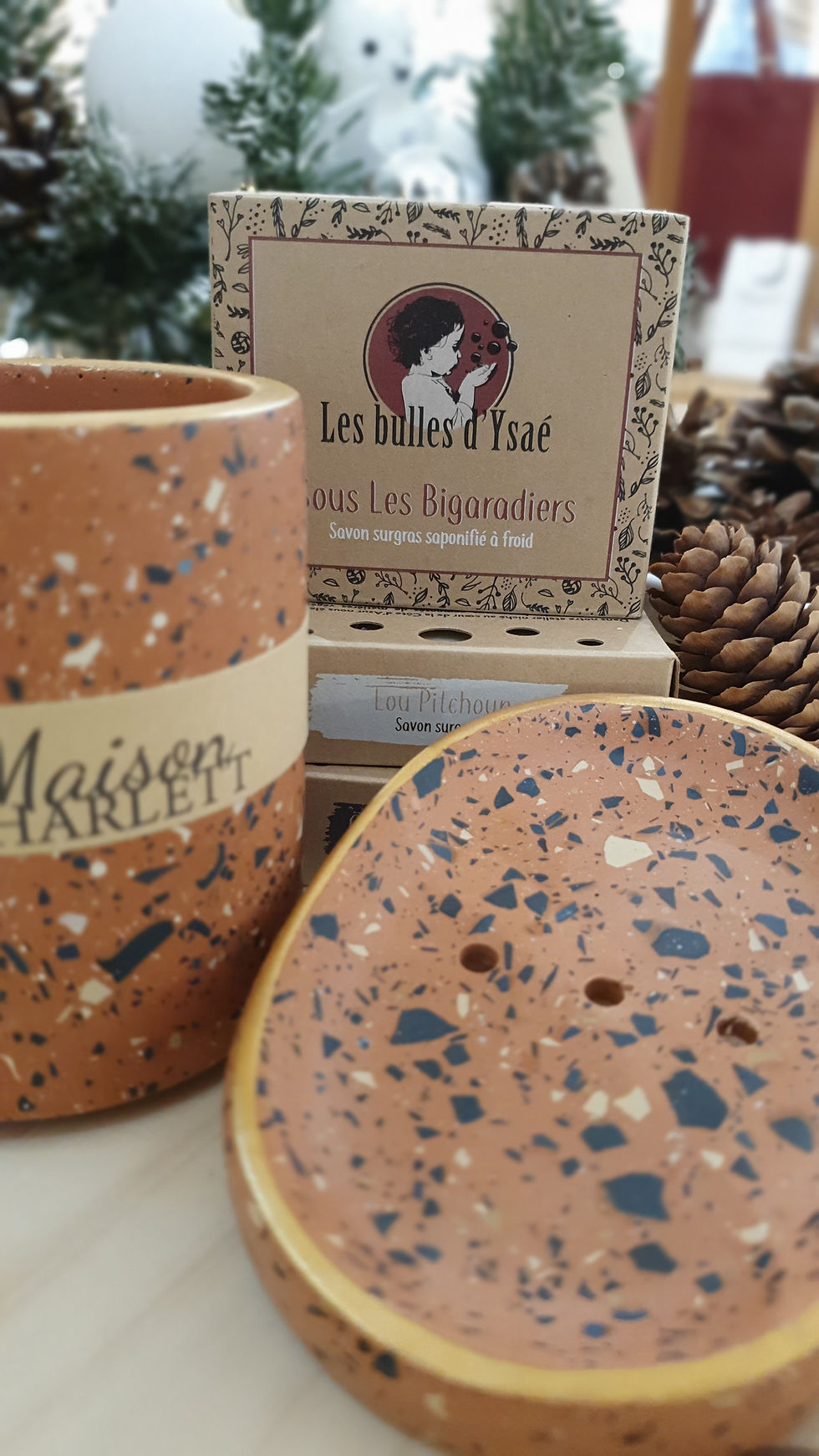 porte savon terrazzo terracotta et pot assorti
