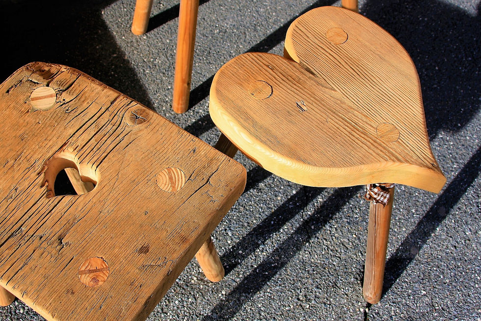 unfinished wood table & stool with heart shapes