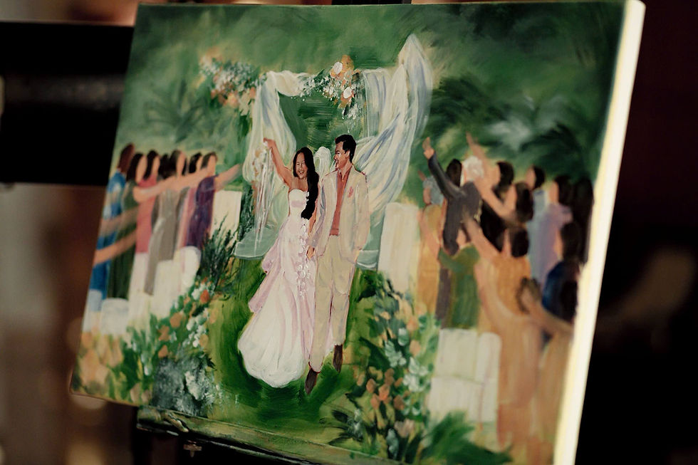 Painting of a joyful couple in wedding attire walking under an arch. Guests cheer around them. Green and floral setting.