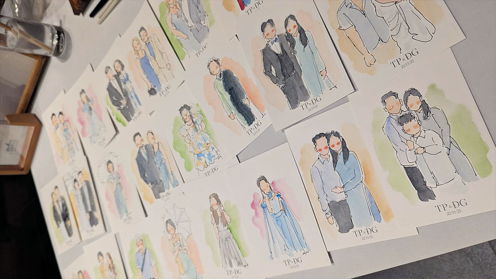 Watercolor illustrations/live wedding portraits of people in formal attire on a table. Each card features initials "TP & DG" and vibrant backgrounds.