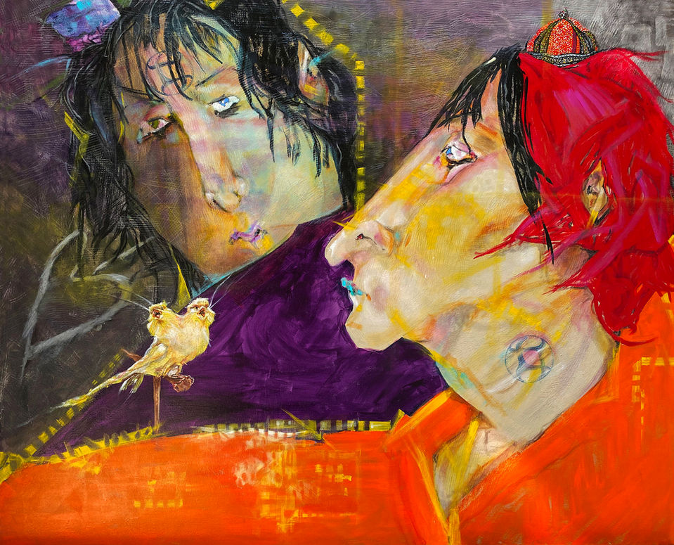 IDENTICAL TWINS REFUSE SURGERY FOR SIAMESE CANARIES
48”x60” acrylic.   Identical-from-birth Italians believe their pets’ close connection is a gift not a curse.
(from BIRDS IN THE NEWS Collection)