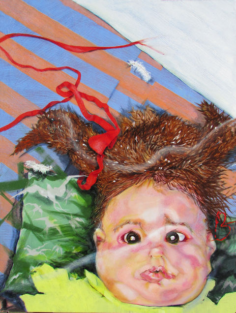 BABY’S HAIR PERFECT CAMOUFLAGE FOR DUCK ON THE LAM
36”x48” acrylic.   Baby born with tons of hair unwittingly harbors a criminal duck.
(from BIRDS IN THE NEWS Collection)