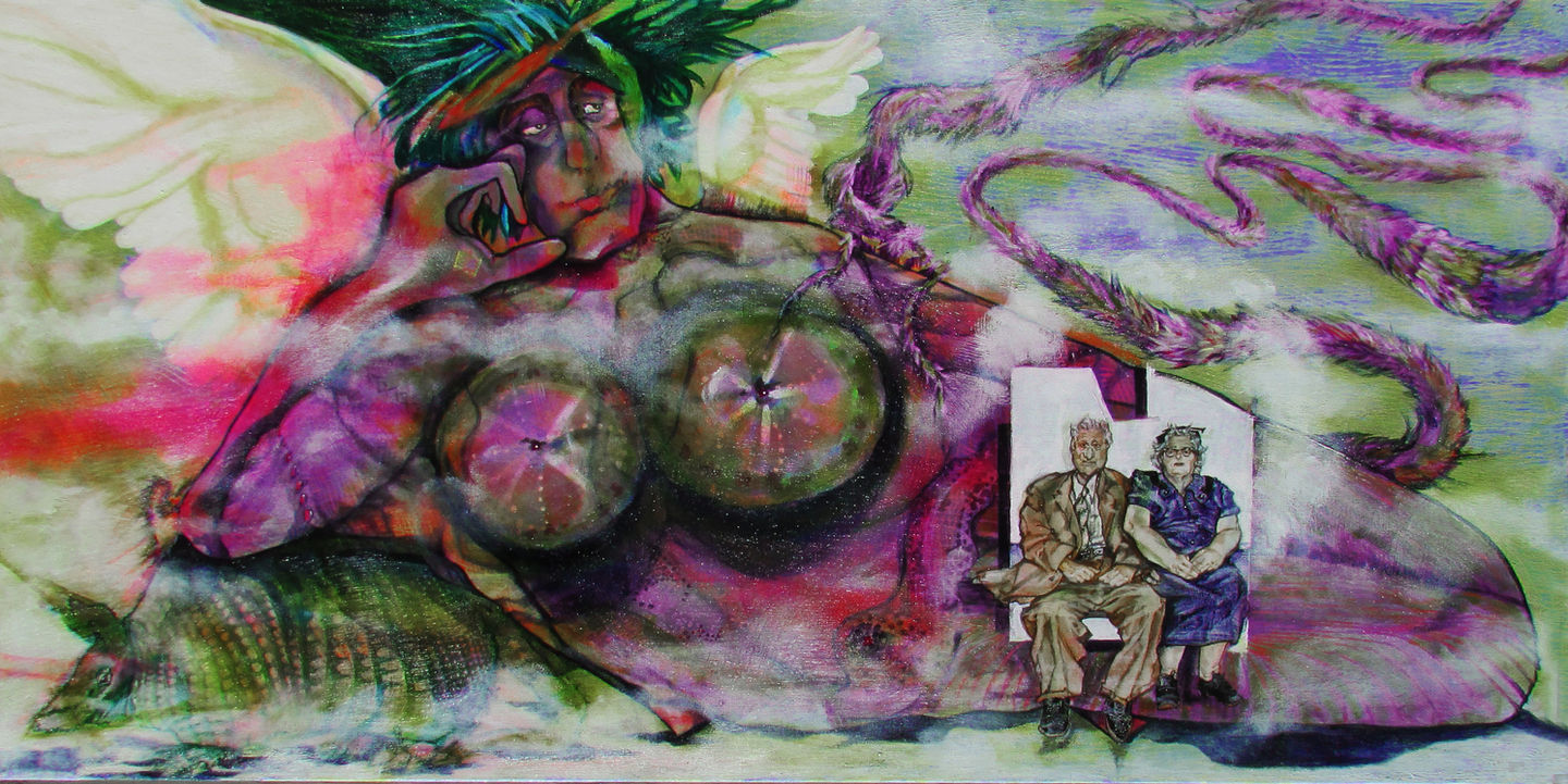 THE WAITING ROOM
24”x36” acrylic.   These folks await their marching orders under the watchful eyes of the giant angel who
monitors heaven’s gates.