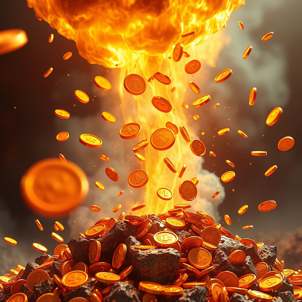 gold coins raining and flowing  andf flying out of a massive fiery hot fire.jpg