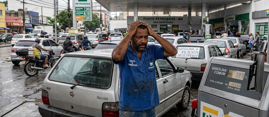 Um homem com a mão na cabeça ao lado de uma bomba de combustível olhando o preço passar de 8 reis o litro, muitos carros e motos querendo abastecer e protestando e reclamando contra o valor abusivo atrás tem um posto de gasolina com pessoas e vários carros e de fundo um painel com os valores do ccombustível, gasolina comum a 7,99 gasolina aditivada a 8,19 diesel a 7,55 o dia estava chuvoso