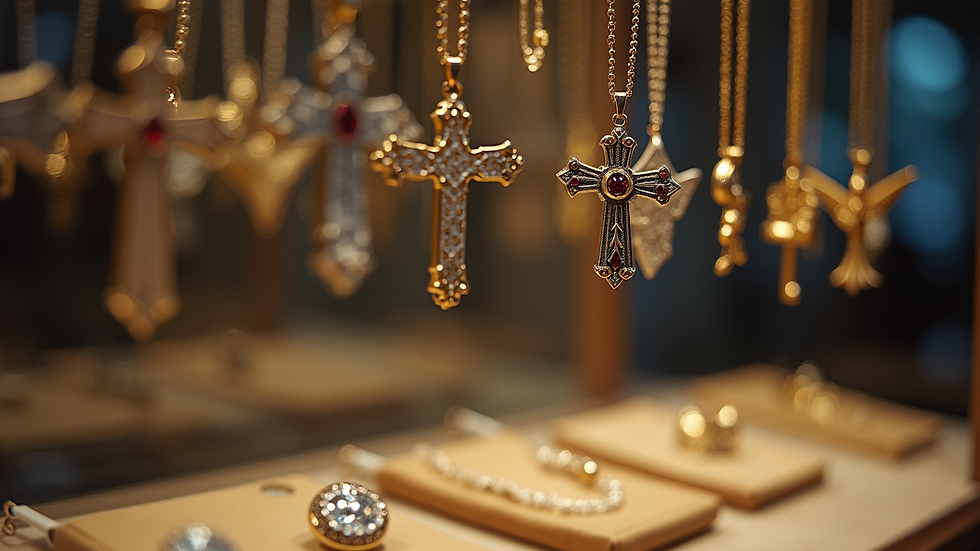 Eye-level view of a jewelry display featuring cross and angel pendants