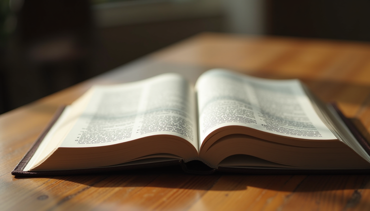 Eye-level view of an open Bible resting on a wooden table with soft natural light