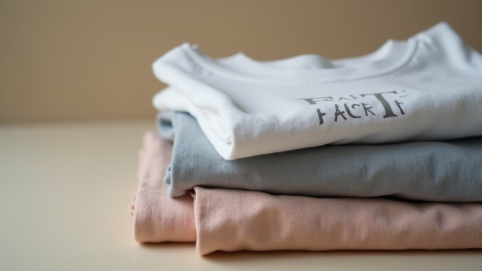 Close-up view of folded cotton faith-inspired t-shirts in neutral colors