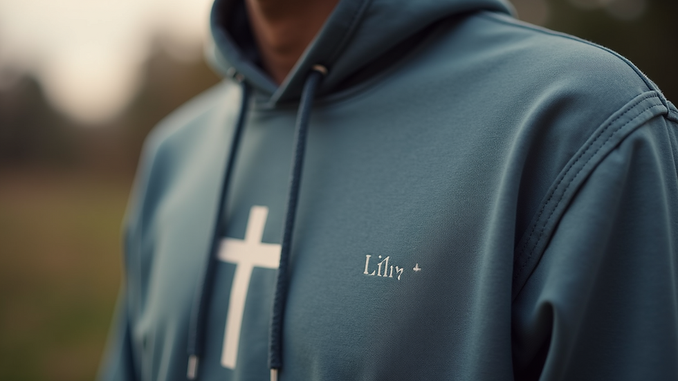 Close-up view of a faith-themed hoodie with a subtle cross design
