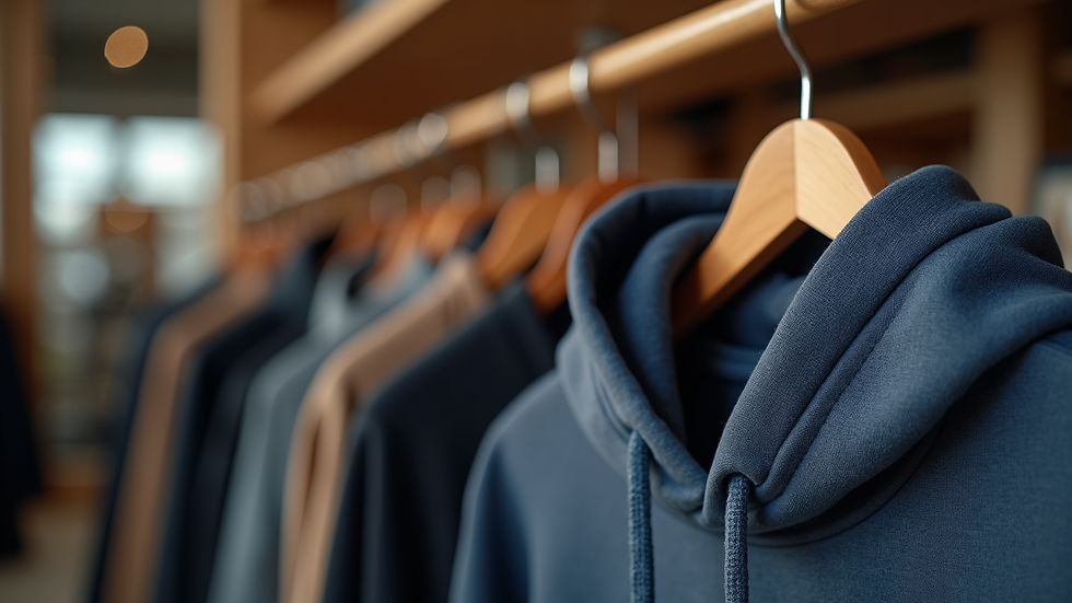 Eye-level view of a stylish hoodie hanging on a wooden rack