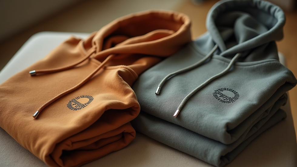 Close-up view of folded eco-friendly Christian hoodies in earthy tones
