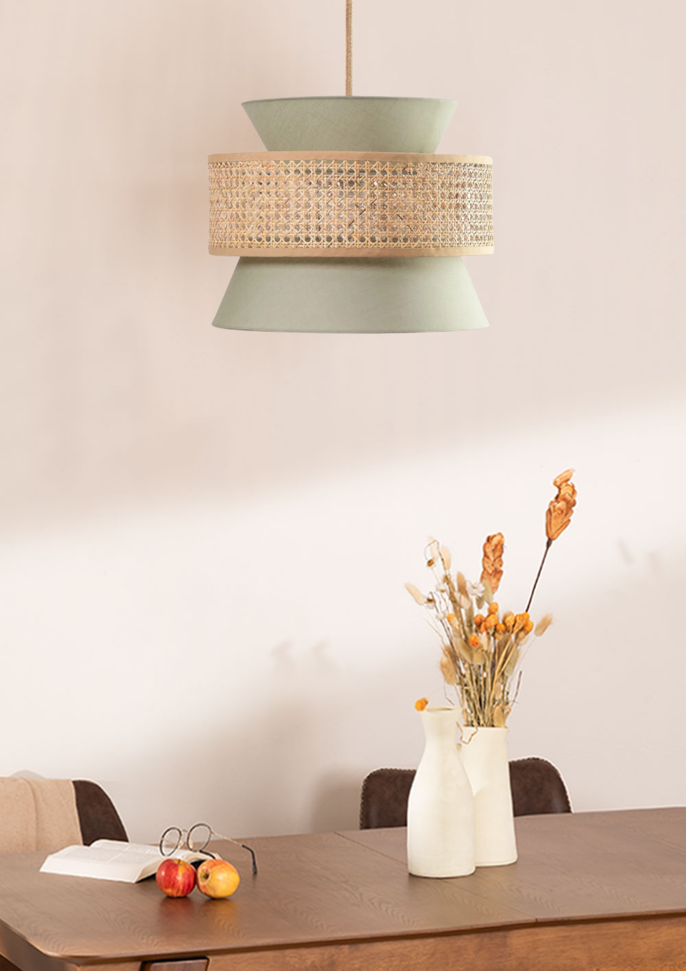 Rattan Lamp Shade Leo - Bright Green - in dinning room