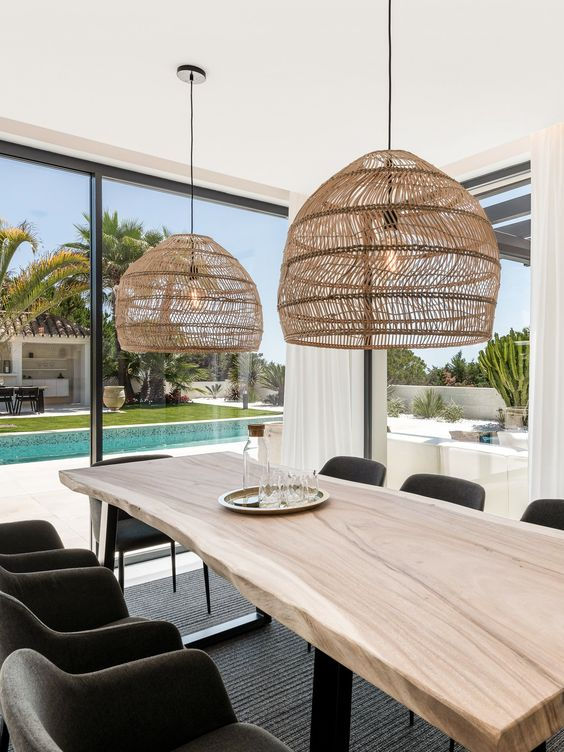 Thumbnail: Rattan Lamp Shade Shams in living room with pool view
